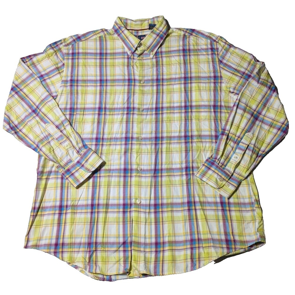 T. HARRIS LONDON Men Size XL Green Purple Multi Plaid Cotton Button-Up‎ Shirt